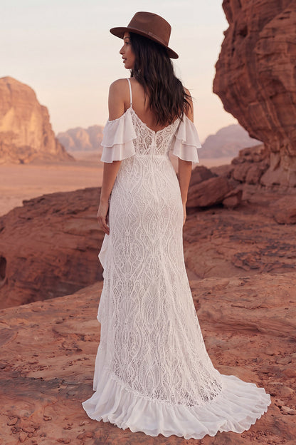 Ivory Ruffled Mermaid Sweep Train Lace Boho Wedding Dress with Slit