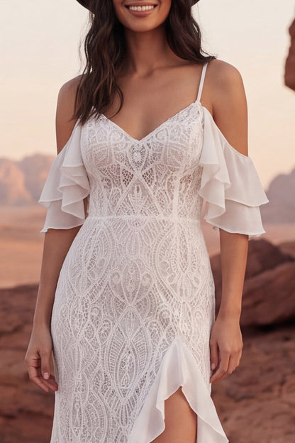 Ivory Ruffled Mermaid Sweep Train Lace Boho Wedding Dress with Slit