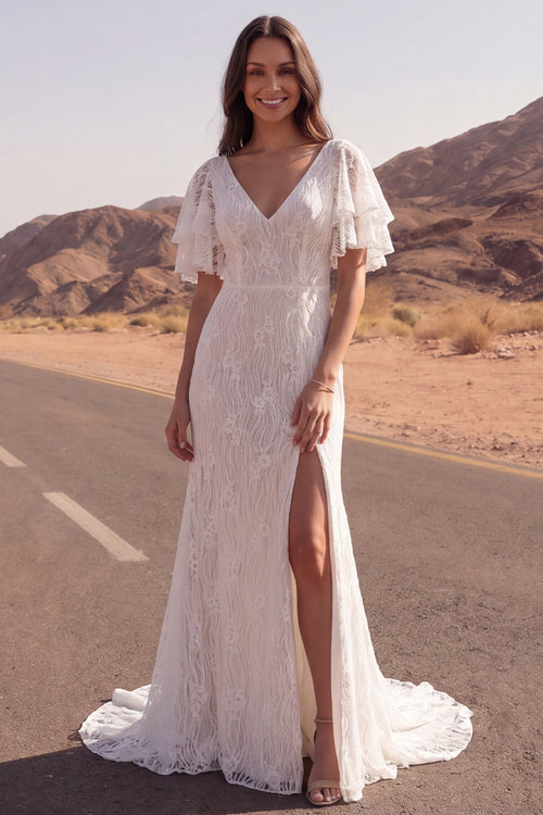 V-Neck Floral Ivory Mermaid Sweep Train Lace Boho Wedding Dress with Slit