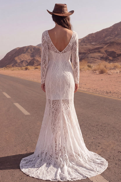 Long Sleeves Ivory Mermaid Boat Neck Sweep Train Lace Boho Wedding Dress