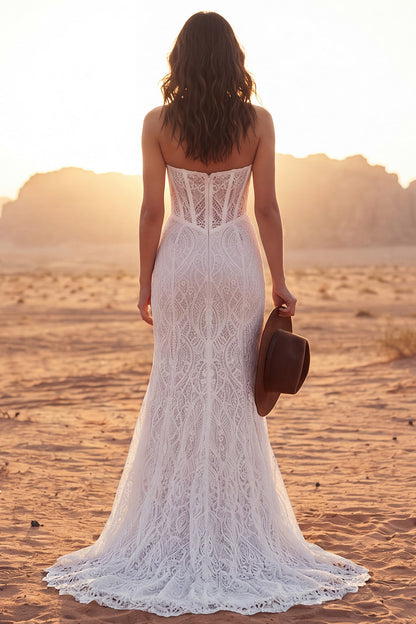 Corset Strapless Ivory Mermaid Sweep Train Floral Lace Boho Wedding Dress with Slit