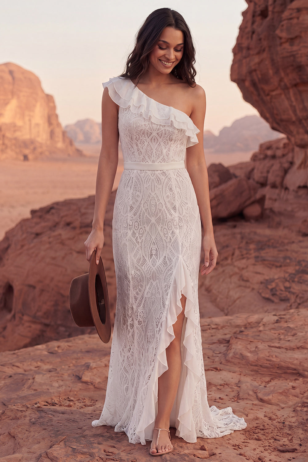 One Shoulder Mermaid Sweep Train Ivory Ruffled Lace Boho Wedding Dress with Slit