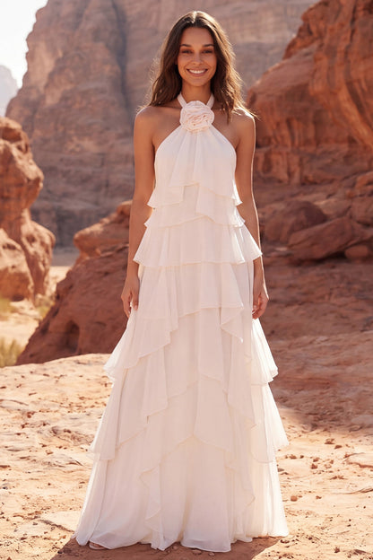 Halter Ivory A Line Sweep Train Ruffled Beach Wedding Dress with 3D Flower