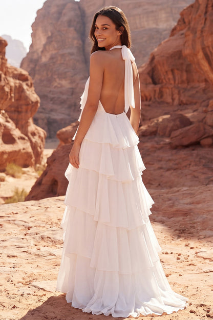 Halter Ivory A Line Sweep Train Ruffled Beach Wedding Dress with 3D Flower