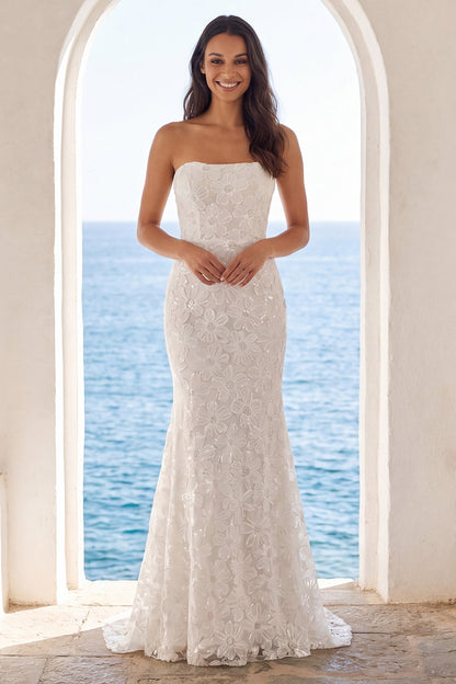 Sparkly Ivory Beaded Floral Mermaid Sweep Train Strapless Wedding Dress