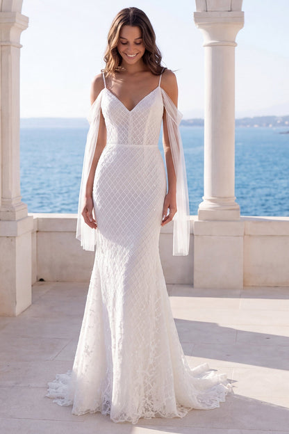 Sparkly Ivory Beaded Corset Mermaid Sweep Train Wedding Dress with Cape