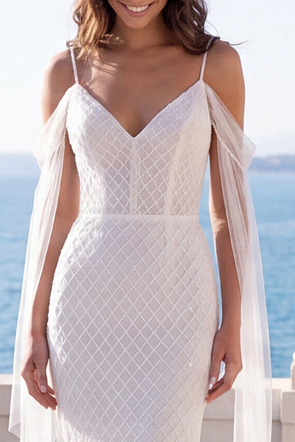 Sparkly Ivory Beaded Corset Mermaid Sweep Train Wedding Dress with Cape