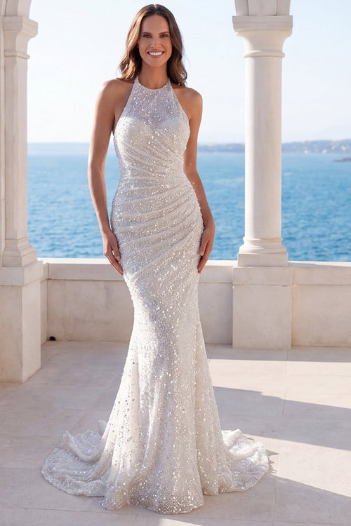 Ruched Sparkly Ivory Beaded Mermaid Sweep Train Halter Wedding Dress