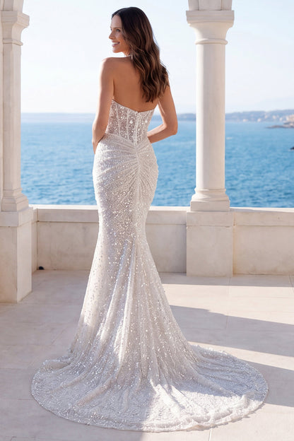 Ruched Sparkly Ivory Beaded Mermaid Sweep Train Halter Wedding Dress