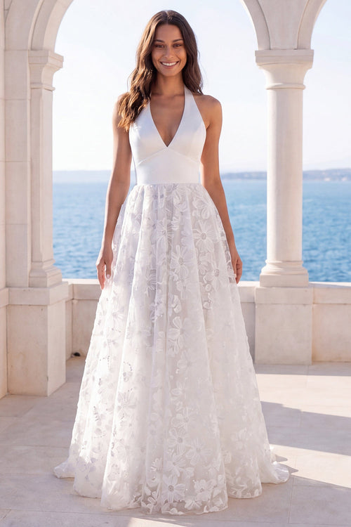 Ivory Halter Backless Floral Lace A Line Sweep Train Wedding Dress