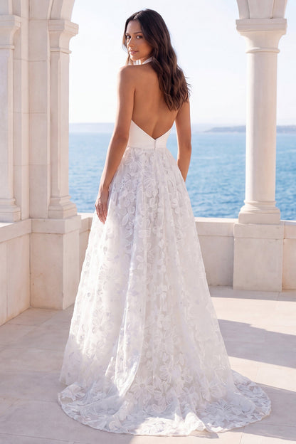 Ivory Halter Backless Floral Lace A Line Sweep Train Wedding Dress