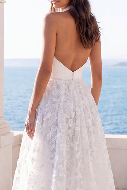 Ivory Halter Backless Floral Lace A Line Sweep Train Wedding Dress