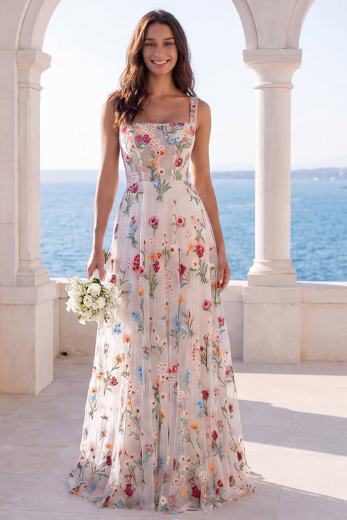Thick Straps Ivory Corset Floral A Line Sweep Train Boho Wedding Dress