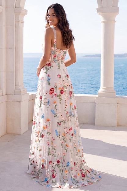 Thick Straps Ivory Corset Floral A Line Sweep Train Boho Wedding Dress