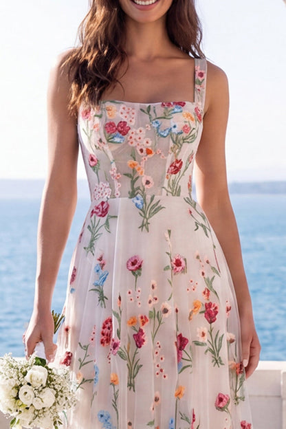 Thick Straps Ivory Corset Floral A Line Sweep Train Boho Wedding Dress