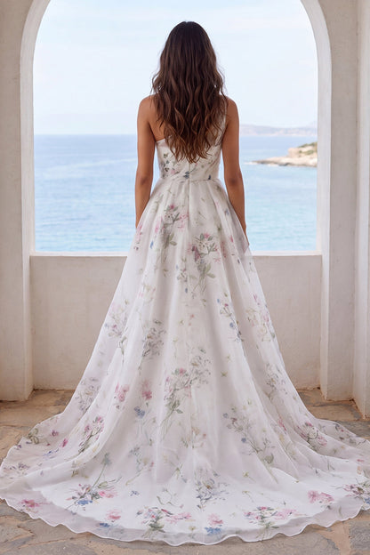One Shoulder Ruched Ivory Floral A Line Sweep Train Beach Wedding Dress with Slit