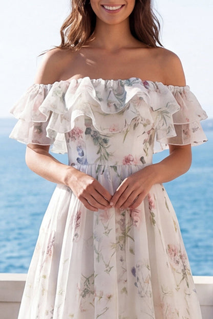 A Line Off the Shoulder Ivory Floral Sweep Train Beach Wedding Dress with Ruffles