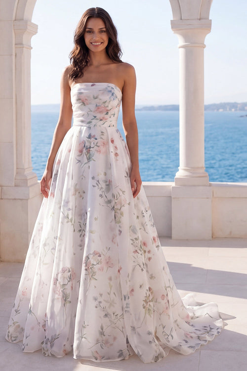 Strapless Ruched Ivory Floral A Line Sweep Train Beach Wedding Dress