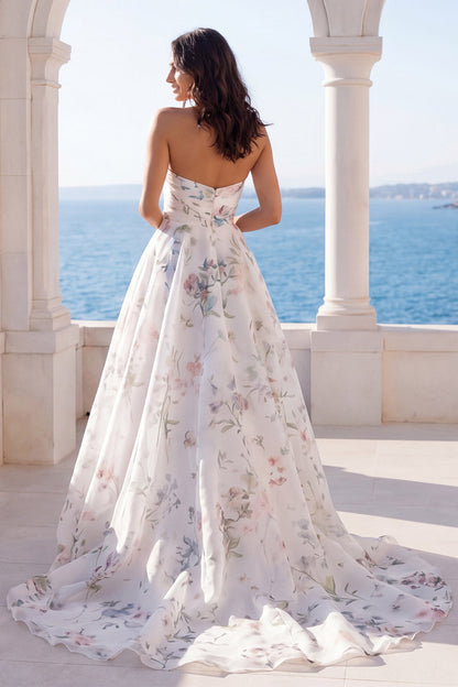 Strapless Ruched Ivory Floral A Line Sweep Train Beach Wedding Dress