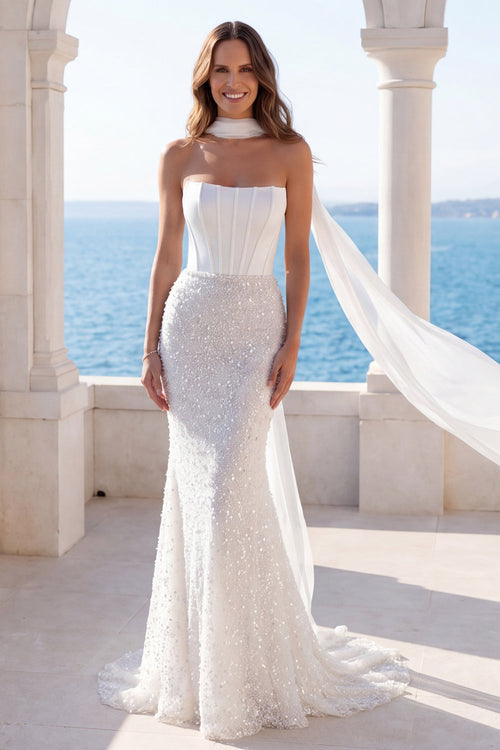 Corset Strapless Sparkly Ivory Beaded Mermaid Sweep Train Wedding Dress