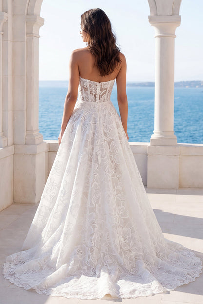 Ivory Strapless Floral Lace A Line Sweep Train Boho Wedding Dress