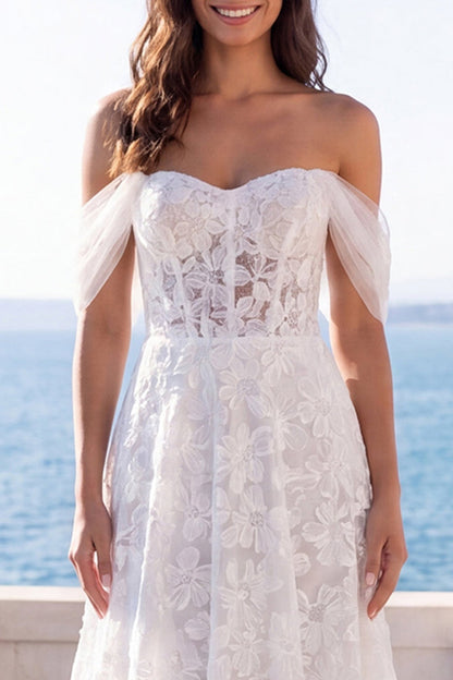 Ivory Off the Shoulder Floral Lace A Line Sweep Train Corset Boho Wedding Dress