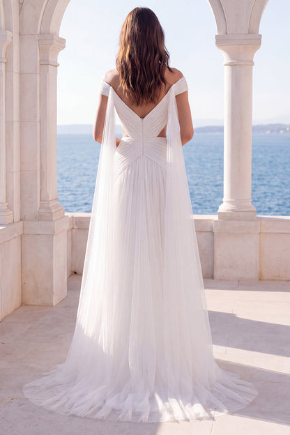 Cut Out Off the Shoulder Ivory A Line Sweep Train Beach Wedding Dress with Cape