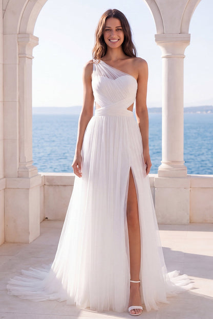 Ruched Cut Out One Shoulder Ivory A Line Sweep Train Beach Wedding Dress with Slit