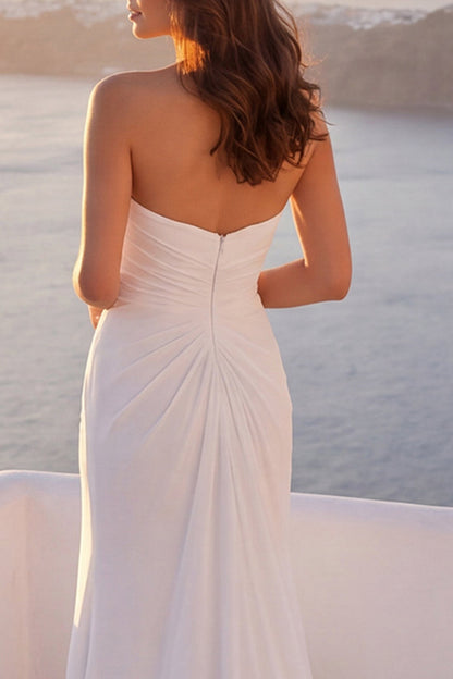 Ruched Strapless Ivory Mermaid Sweep Train Beach Wedding Dress with Slit