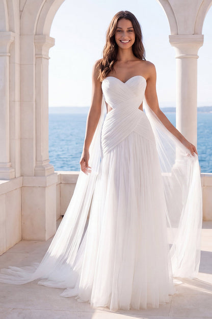 Sweetheart Cut Out Ivory A Line Sweep Train Beach Wedding Dress with Cape