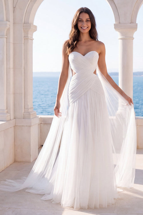 Sweetheart Cut Out Ivory A Line Sweep Train Beach Wedding Dress with Cape