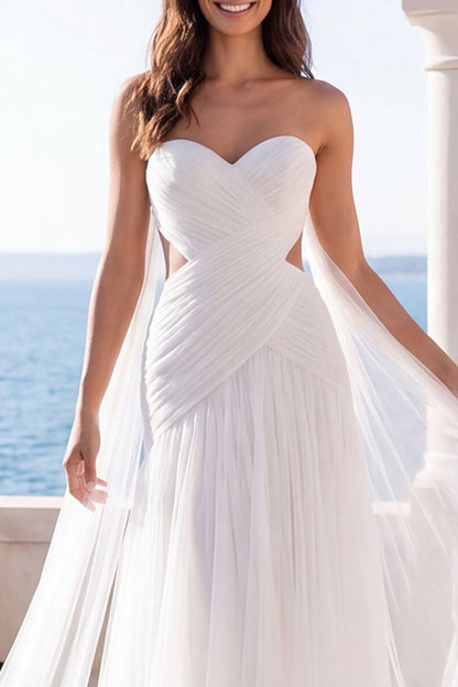 Sweetheart Cut Out Ivory A Line Sweep Train Beach Wedding Dress with Cape