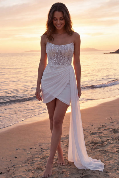 Tight Short Sparkly Ivory Strapless Corset Beaded Wedding Dress with Side Cape