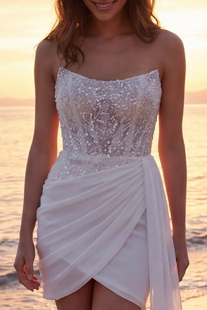 Tight Short Sparkly Ivory Strapless Corset Beaded Wedding Dress with Side Cape