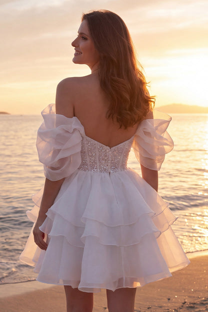 A Line Short Sparkly Ivory Corset Beaded Wedding Dress with Ruffles