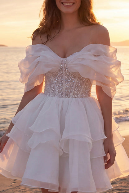 A Line Short Sparkly Ivory Corset Beaded Wedding Dress with Ruffles