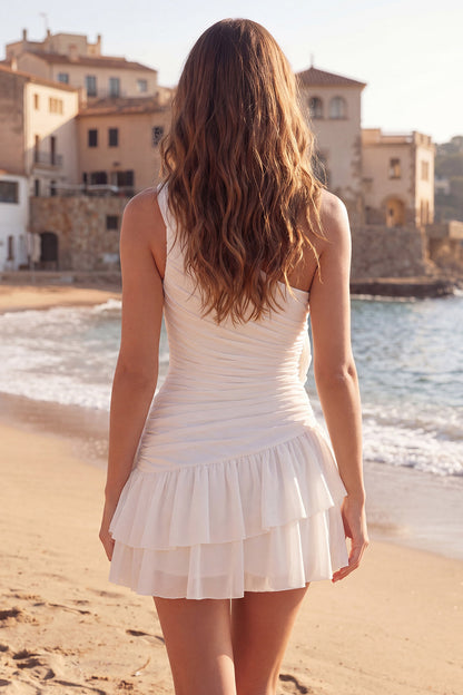 Ruffled One Shoulder Short Ivory Ruched Graduation Dress with 3D Flowers