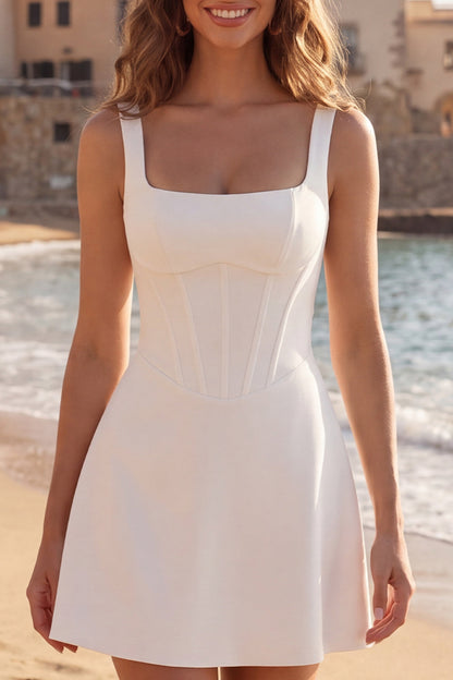 Square Neck Ivory Corset A Line Short Graduation Dress