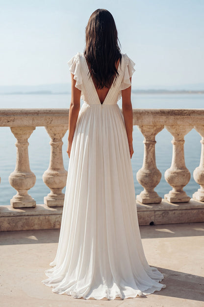 Ruffled V-Neck Ruched Ivory A Line Sweep Train Beach Wedding Dress with Slit