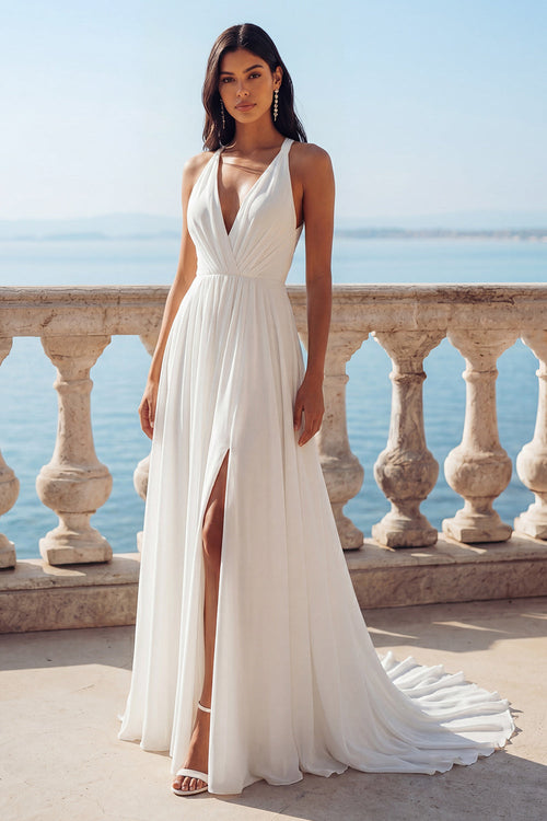 A Line Sweep Train V-Neck Ruched Ivory Beach Wedding Dress with Slit