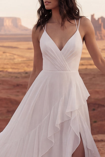 Ivory A Line Sweep Train Ruffled V-Neck Ruched Beach Wedding Dress with Slit