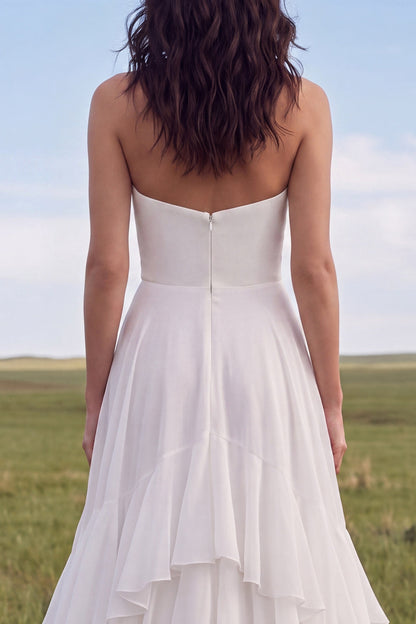 Strapless Ivory A Line Sweep Train Ruffled Beach Wedding Dress with Slit