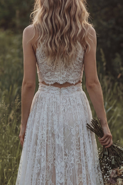 Round Neck Ivory 2 Piece Floral Lace A Line Sweep Train Boho Wedding Dress