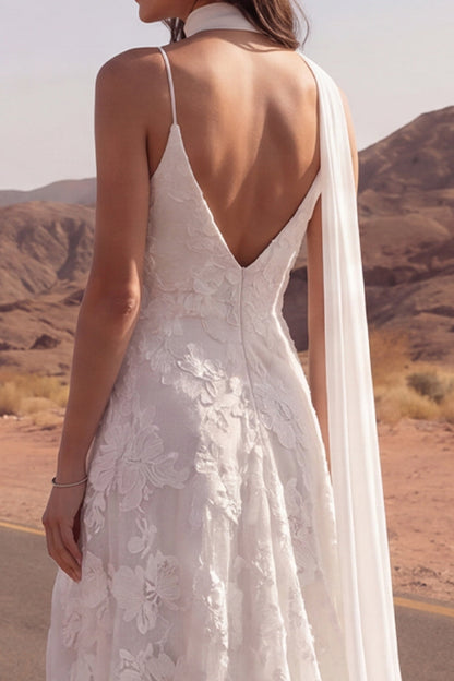 Spaghetti Straps Floral Ivory A Line Sweep Train Boho Wedding Dress with Slit