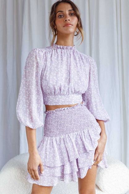 Whisked Away Balloon Sleeve Open Back Crop Top Floral Print Lilac