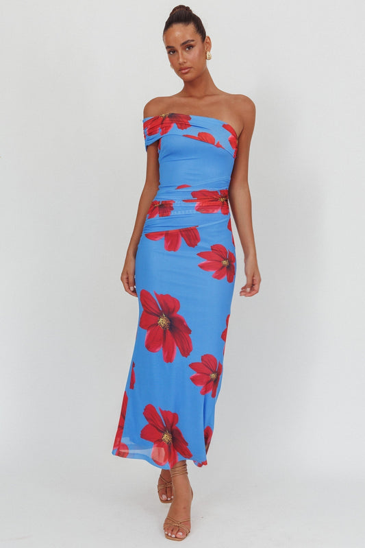 Gala One-Shoulder Maxi Dress Floral Blue