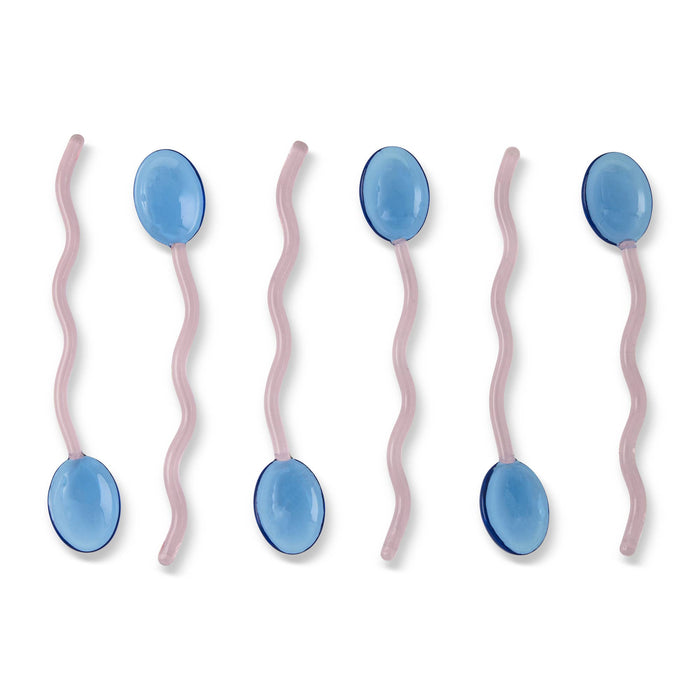 6pk Squiggle Handle Glass Spoons - Blue/Pink