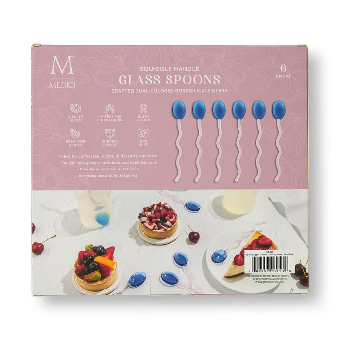 6pk Squiggle Handle Glass Spoons - Blue/Pink