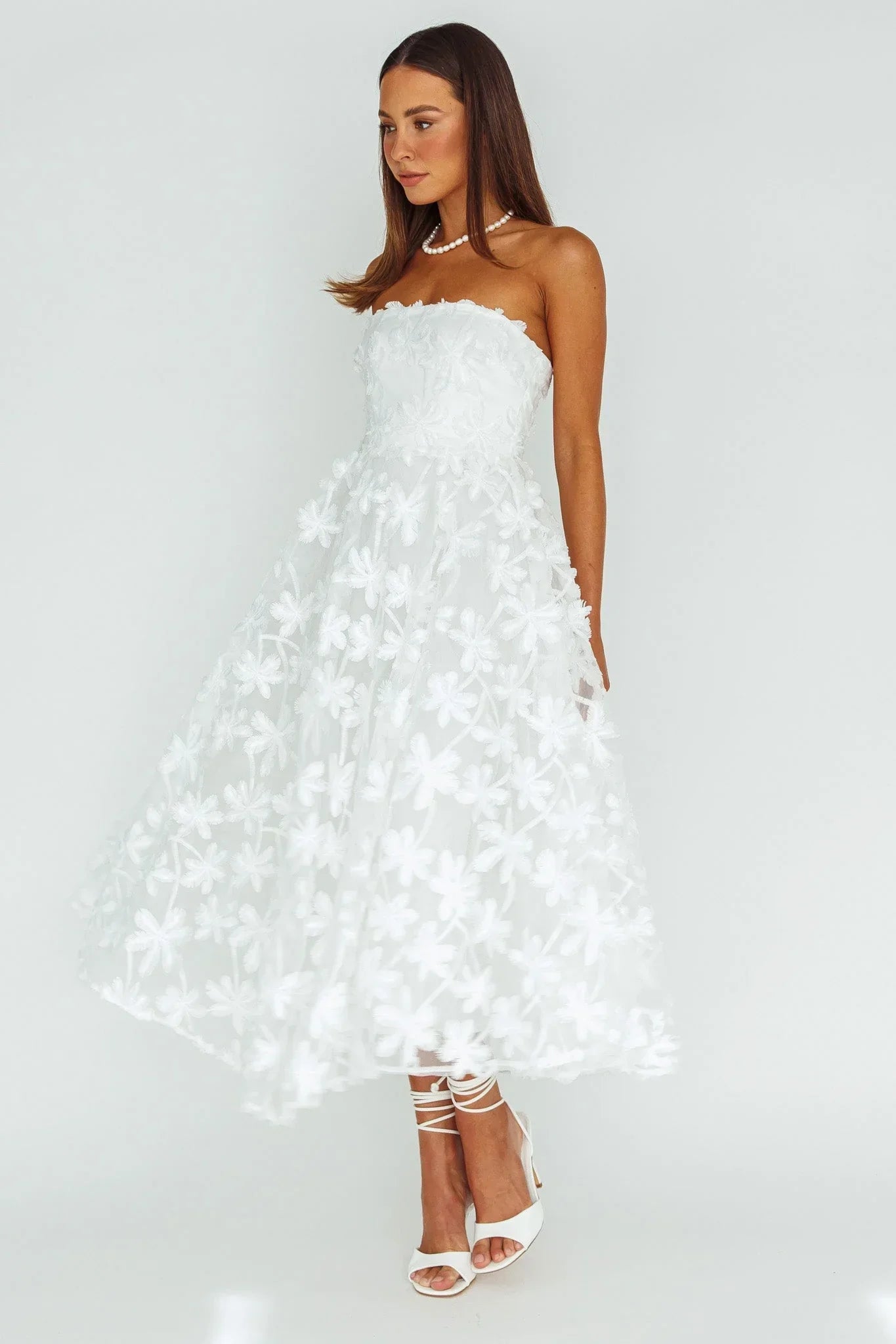 Dori Floral Embellished Midi Dress White