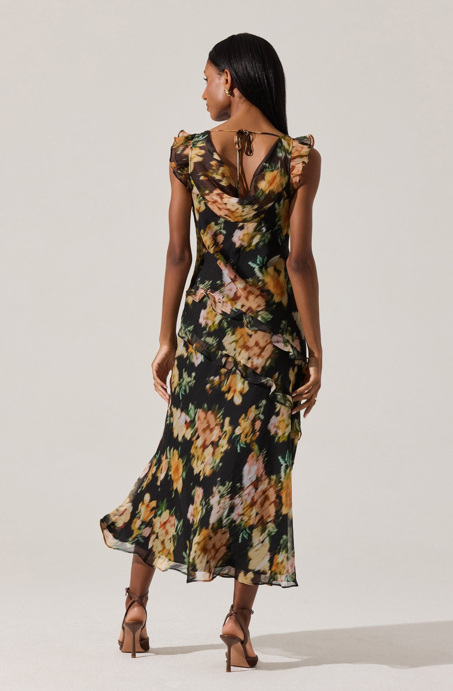Alinta Floral Ruffle Cowl Neck Midi Dress